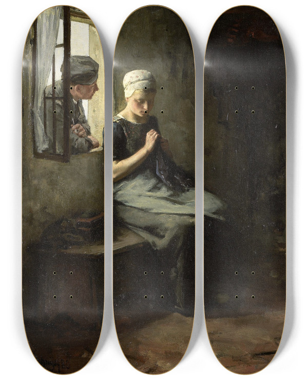 Triptych art skateboard deck of Albert Neuhuys Vissersvrijage by Albert Neuhuys (1844-1914)