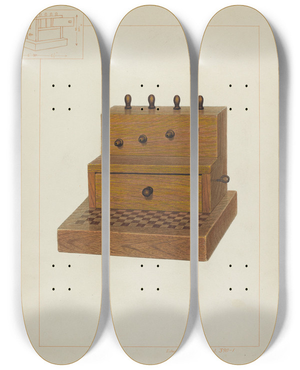 Triptych art skateboard deck of Edward L Loper Sewing Kit And Spool Box by Edward L Loper (1916-2011)