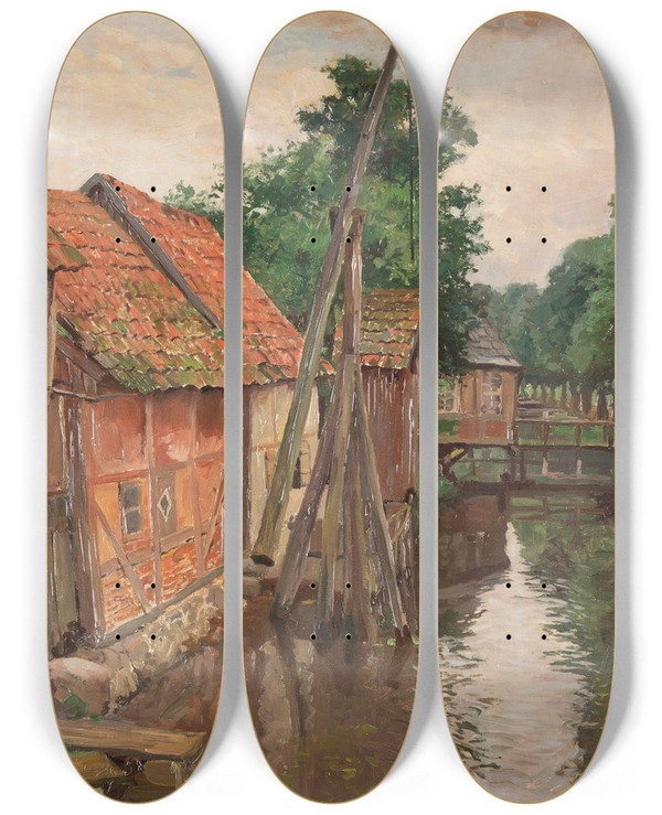 Triptych art skateboard deck of Michal Gorstkin Wywiorski View Of A Village With Stream by Michal Gorstkin Wywiorski (1861-1926)