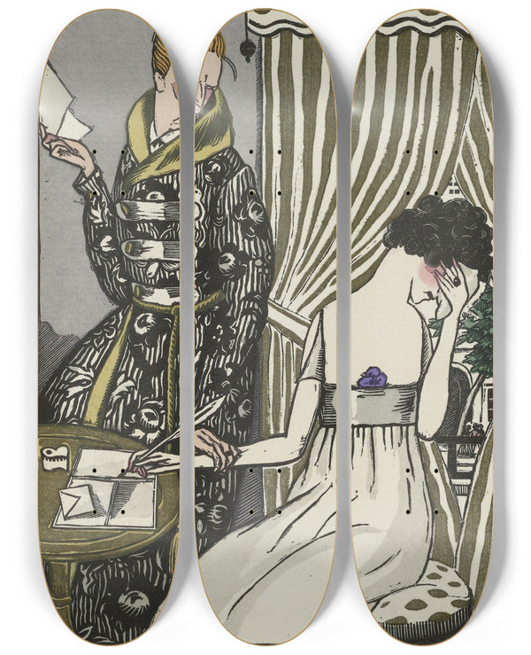 Triptych art skateboard deck of Fernand Simon La Lettre Surprise by Fernand Simeon (1884-1928)