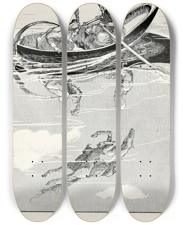Triptych art skateboard deck of Willy Pogany Fortyfour Turkish Fairy Tales Pl 24 by Willy Pogany (1882-1955)