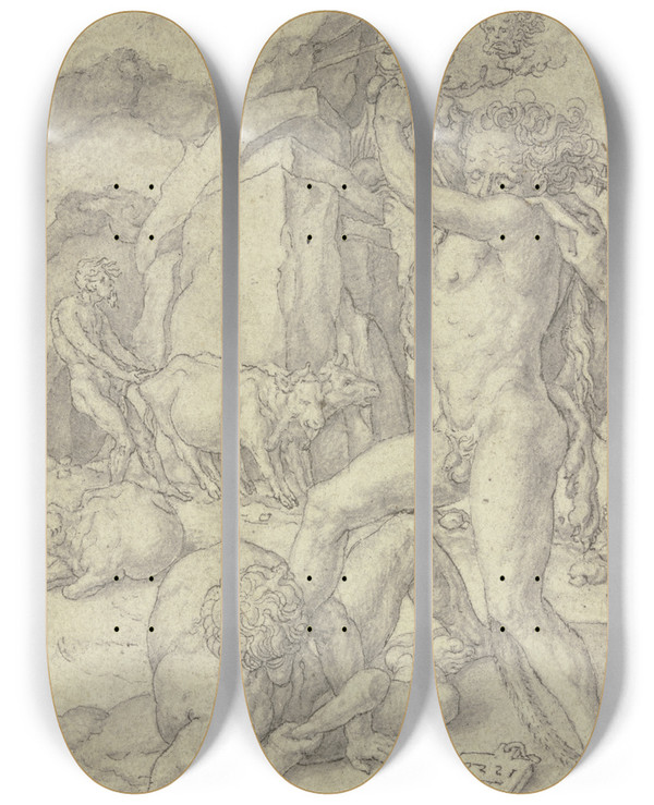 Triptych art skateboard deck of Heinrich Aldegrever Hercules Kills Cacus by Heinrich Aldegrever (1502-1555)