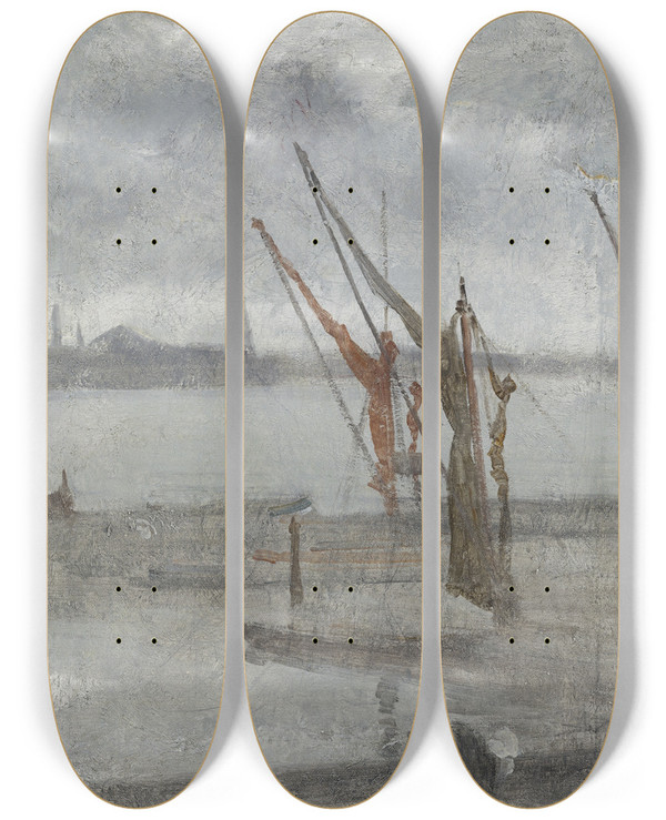 Triptych art skateboard deck of James Abbott Mcneill Whistler Grey And Silver Chelsea Wharf by James Abbott Mcneill Whistler (1834-1903)