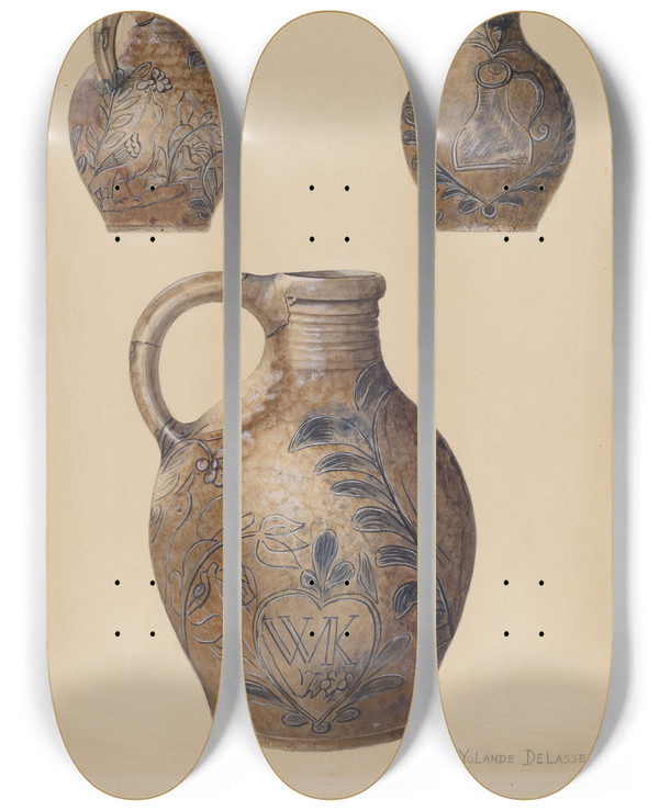Triptych art skateboard deck of Yolande Delasser Jug_38 by Yolande Delasser (1935)