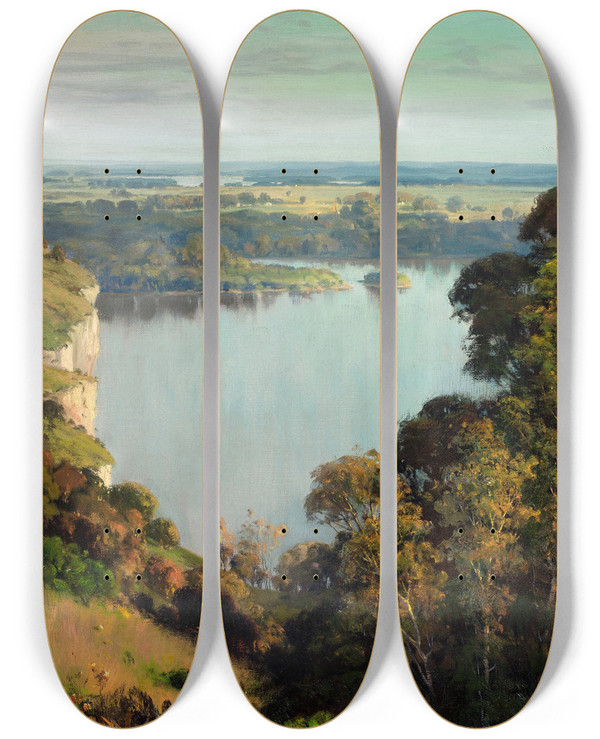 Triptych art skateboard deck of Frederick Oakes Sylvester The Rivers Golden Dream by Frederick Oakes Sylvester (1869-1915)