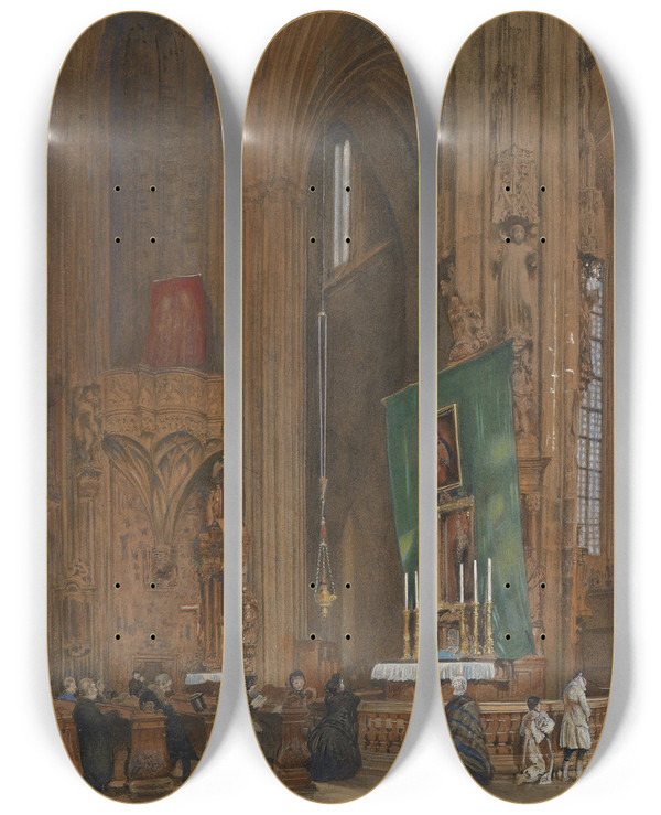 Triptych art skateboard deck of Rudolf Von Alt Inneres Der Stephanskirche by Rudolf Von Alt (1812-1905)