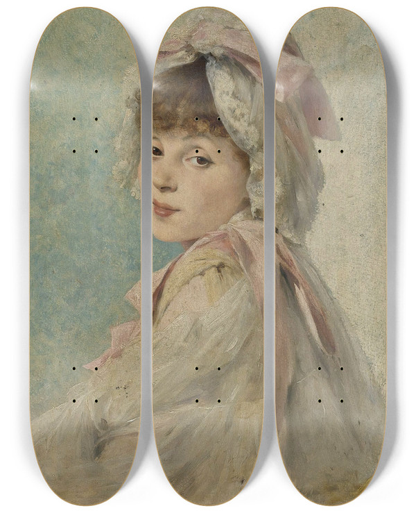 Triptych art skateboard deck of Thobald Chartran Portrait Of Gabrielle Rjane As A Young Actress by Theobald Chartran (1849-1907)