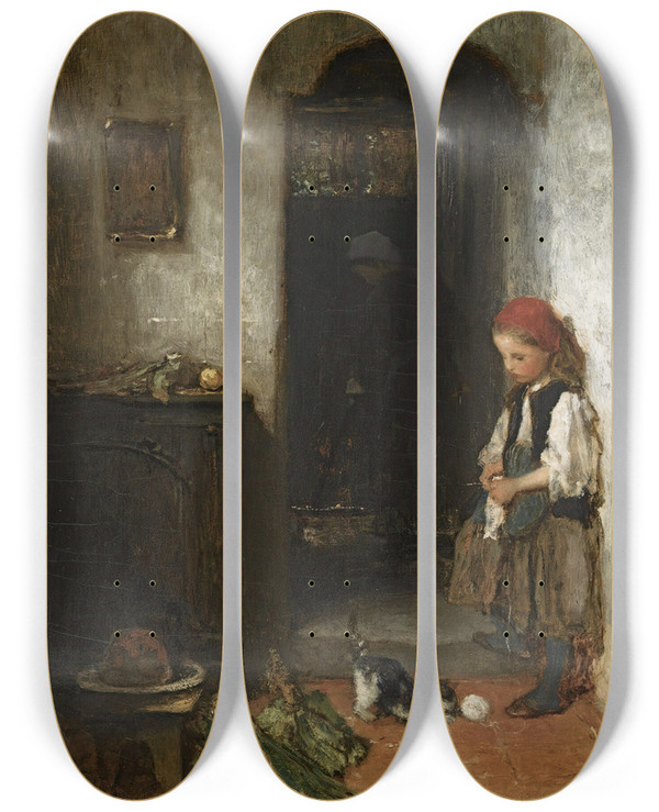Triptych art skateboard deck of Jacob Maris A Girl With A Playing Kitten by Jacob Maris (1837-1899)