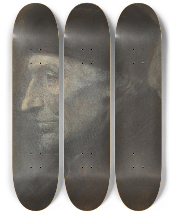 Triptych art skateboard deck of Alphonse Legros Head Of A Man With A Skullcap by Alphonse Legros (1837-1911)