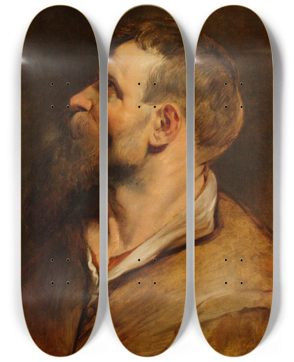 Triptych art skateboard deck of Peter Paul Rubens Head Of A Bearded Man by Peter Paul Rubens (1577-1640)