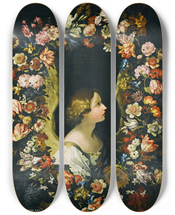 Triptych art skateboard deck of Francesco Caldei A Flower Garland Surrounding The Angel Gabriel by Francesco Caldei (1587-1674)