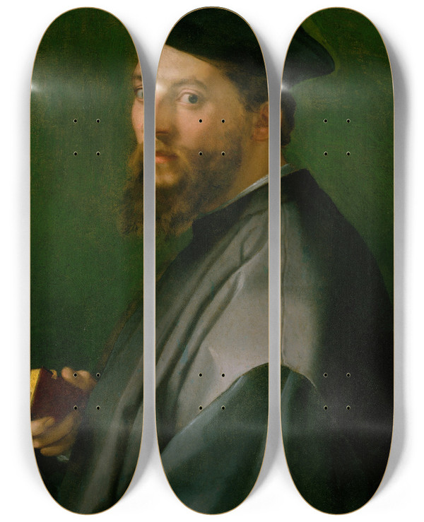 Triptych art skateboard deck of Andrea Del Sarto Portrait Of A Man by Andrea del Sarto (1486-1530)
