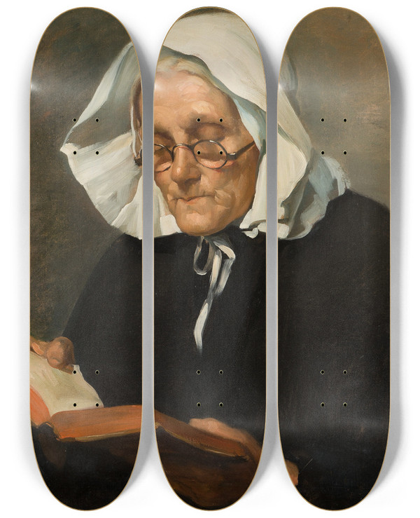 Triptych art skateboard deck of Ottilie Wilhelmine Roederstein Old Woman Reading by Ottilie Wilhelmine Roederstein (1859-1937)