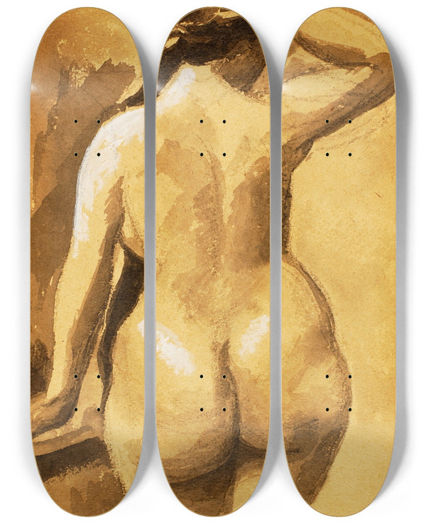 Triptych art skateboard deck of Carl Newman Back View Of Female Nude by Carl Newman (1858-1932)