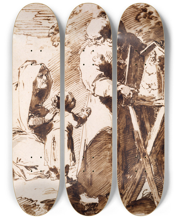 Triptych art skateboard deck of Pietro Antonio Novelli A Bearded Monk Showing A Portable Altar To A Praying Child With An Old Woman Kneeling by Pietro Antonio Novelli (1729-1804)