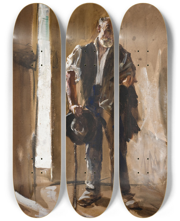 Triptych art skateboard deck of Ernst Josephson Spanish Beggar by Ernst Josephson (1851-1906)