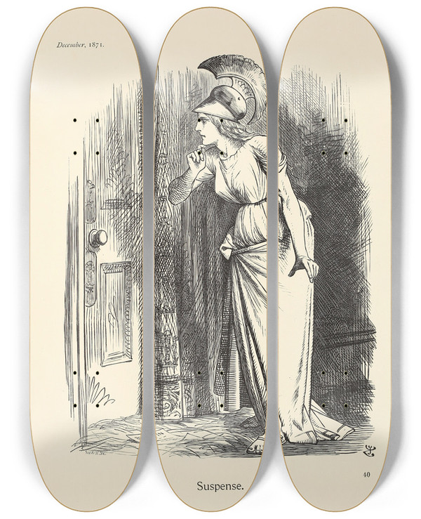 Triptych art skateboard deck of Sir John Tenniel Suspense by Sir John Tenniel (1820-1914)