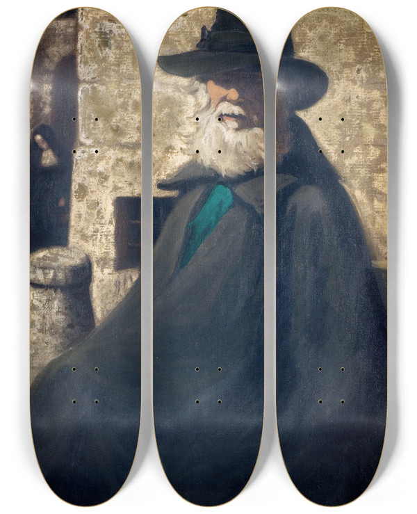 Triptych art skateboard deck of James Pryde An Old Beggar by James Pryde (1866-1941)