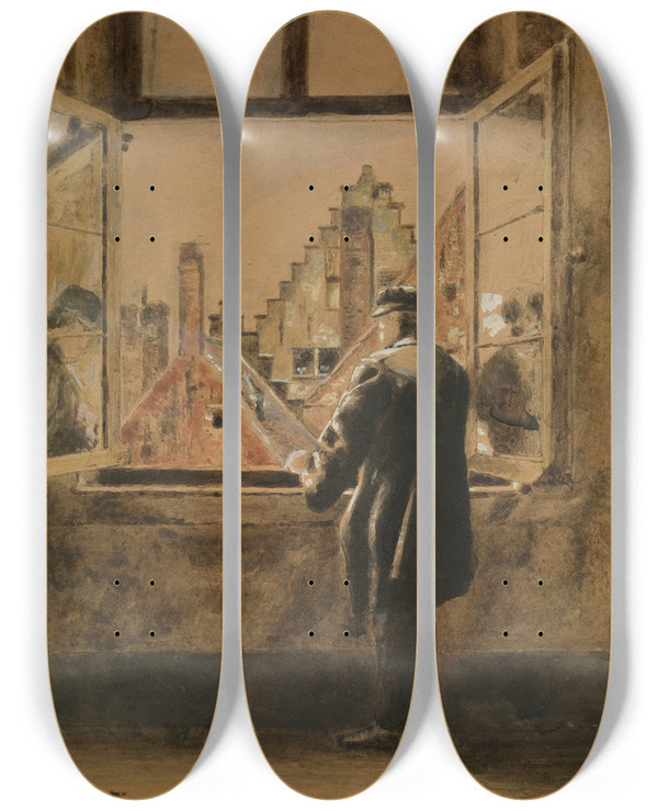 Triptych art skateboard deck of Henri De Braekeleer Man At The Window_1 by Henri de Braekeleer (1840-1888)