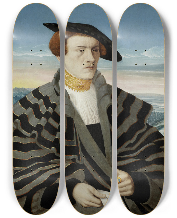 Triptych art skateboard deck of Conrad Faber Von Kreuznach Portrait Of Gilbrecht Von Holzhausen 15141550 by Conrad Faber Von Kreuznach (1490-1553)