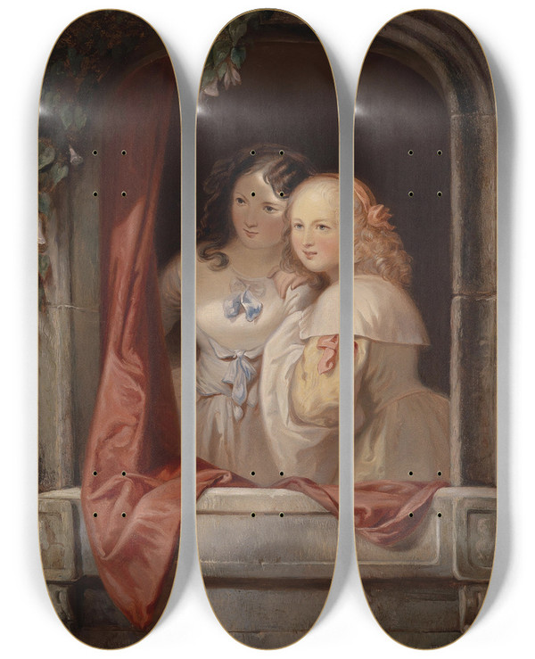 Triptych art skateboard deck of Elisabeth Modell Zwei Mdchen Am Fenster by Elisabeth Modell (1820-1865)