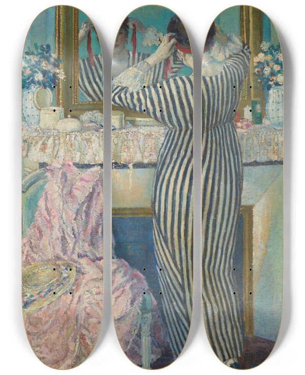 Triptych art skateboard deck of Frederick Carl Frieseke Girl Dressing Her Hair Girl Arranging Her Headdress by Frederick Carl Frieseke (1874-1939)