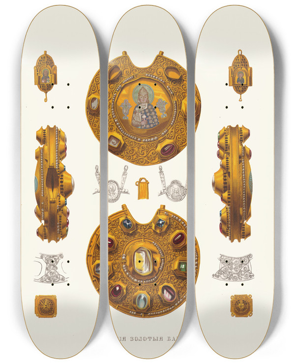 Triptych art skateboard deck of Fedor Grigoryevich Solntsev Drevniia Zolotiia Barmy Izobrazhenie 1 by Fedor Grigoryevich Solntsev (1801-1892)