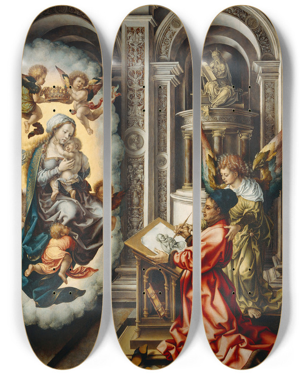 Triptych art skateboard deck of Jan Gossaert St Luke Painting The Madonna by Jan Gossaert (1478-1532)