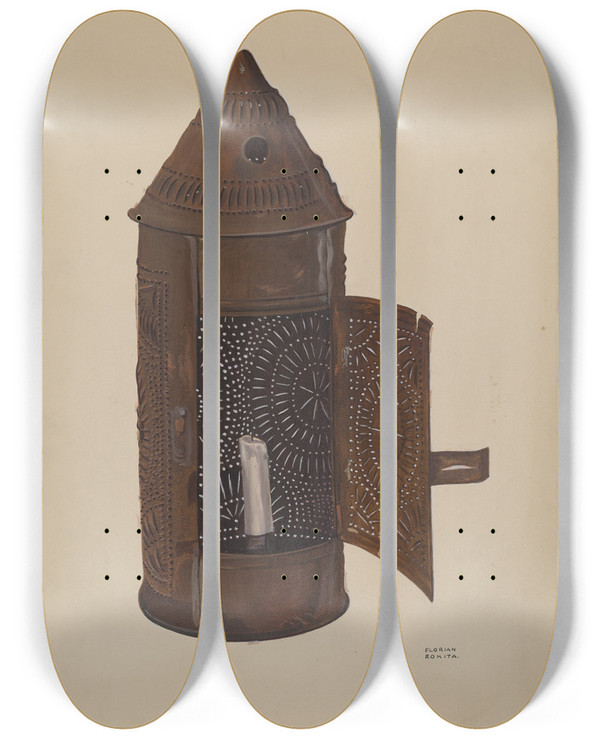 Triptych art skateboard deck of Florian Rokita Pierced Iron Lantern by Florian Rokita