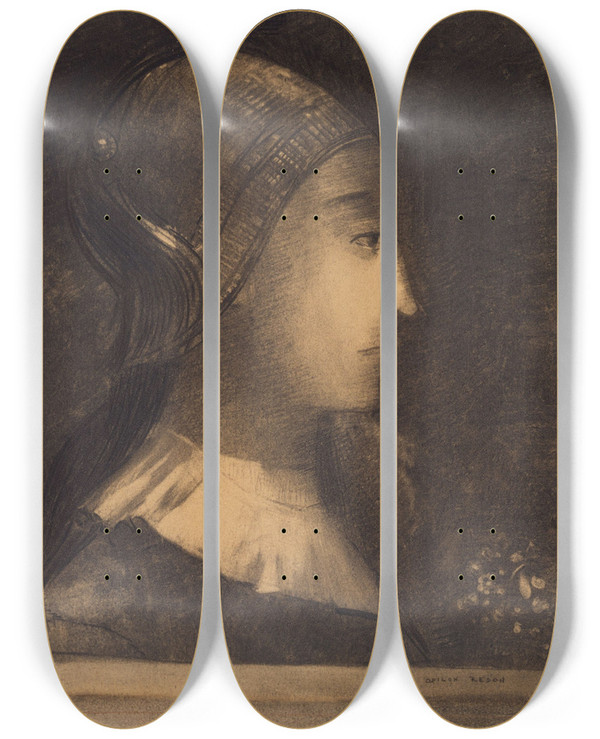 Triptych art skateboard deck of Odilon Redon Profil De Femme Droite by Odilon Redon (1840-1916)