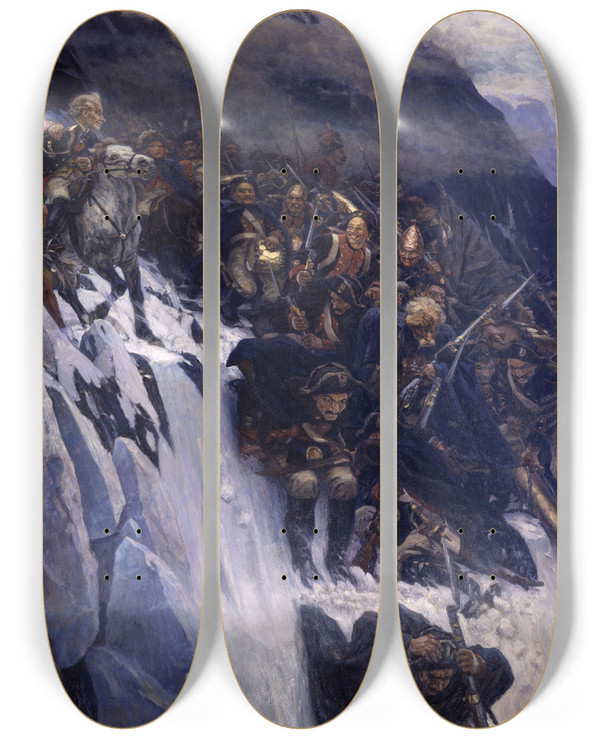 Triptych art skateboard deck of Vasily Surikov Suvorov Crossing The Alps In 1799 by Vasily Surikov (1848-1916)