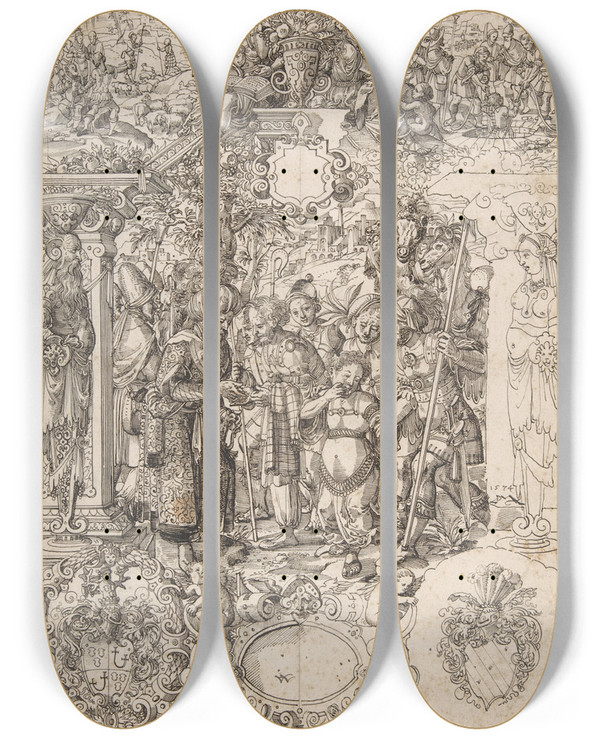 Triptych art skateboard deck of Daniel Lindtmayer Joseph Sold By His Brothers Into Egypt by Daniel Lindtmayer (1552-1606)