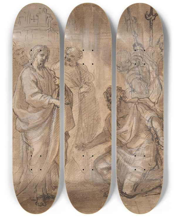 Triptych art skateboard deck of Giuseppe Passeri Christ And The Centurion by Giuseppe Passeri (1654-1714)