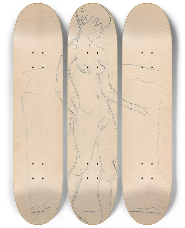 Triptych art skateboard deck of Otto Mueller Standing Female Nude by Otto Mueller (1874-1930)