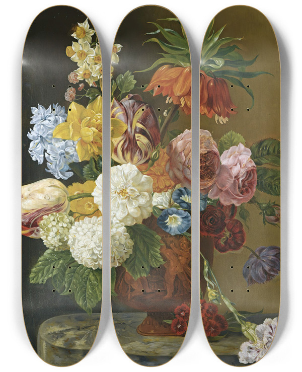 Triptych art skateboard deck of Georgius Jacobus Johannes Van Os A Still Life With Roses Peonies Tulips Daffodils Carnations And Other Flowers In A Vase by Georgius Jacobus Johannes Van Os (1782-1861)