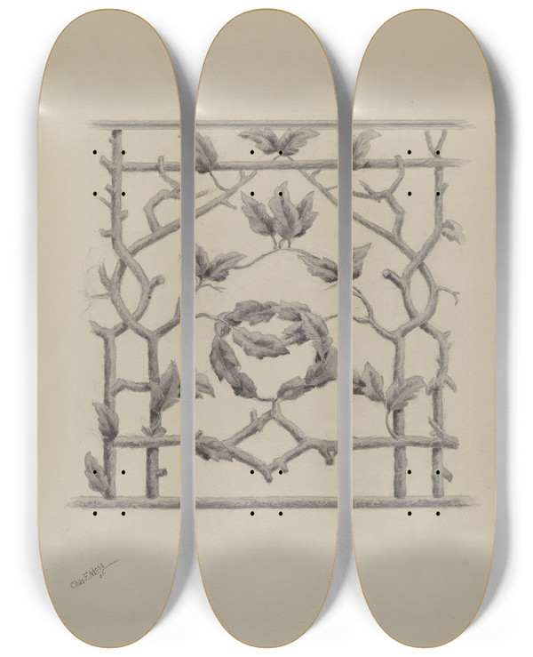 Triptych art skateboard deck of Charles Moss Porch Railing by Charles Moss