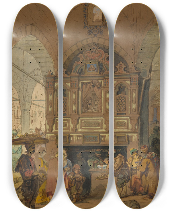 Triptych art skateboard deck of Count Amadeo Preziosi The Grand Bazaar In Constantinople by Count Amadeo Preziosi