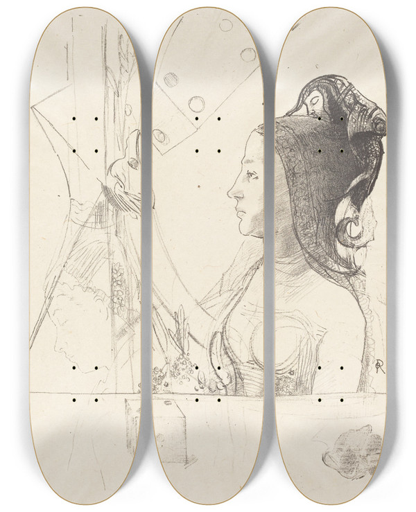Triptych art skateboard deck of Odilon Redon Femme De Profil Profile Of A Woman by Odilon Redon (1840-1916)