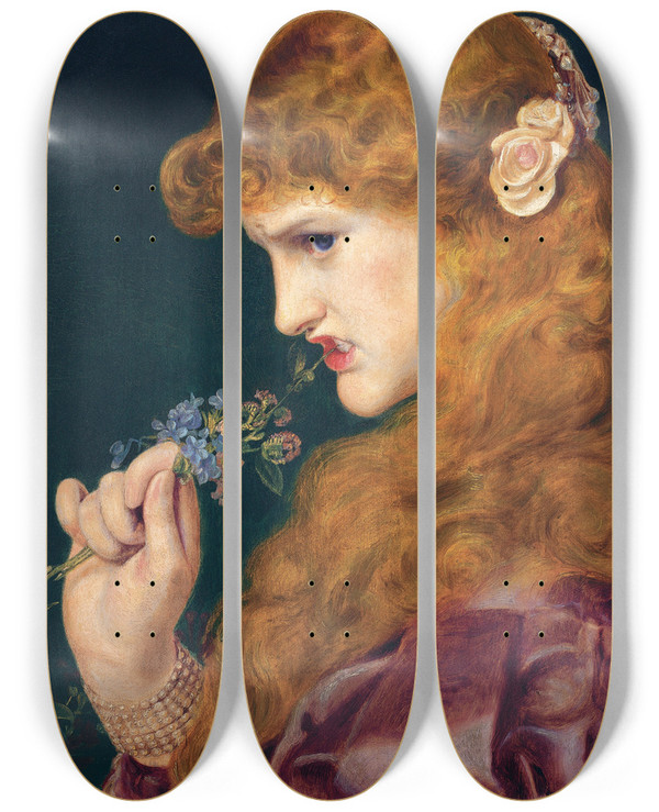 Triptych art skateboard deck of Frederick Sandys Loves Shadow by Frederick Sandys (1829-1904)