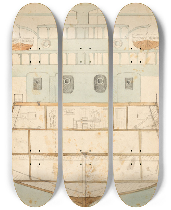 Triptych art skateboard deck of Egon Schiele Entwurf Zu Einem Kriegsschiffspielzeug by Egon Schiele (1890-1918)
