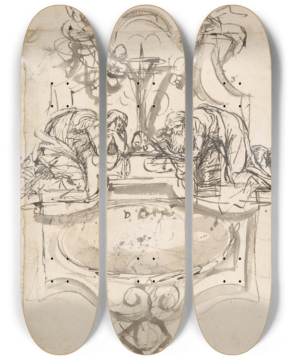 Triptych art skateboard deck of Pieter Verbruggen The Younger Design For A Sepulchral Monument With Mary Magdalen And Saint Jerome by Pieter Verbruggen The Younger (1648-1691)
