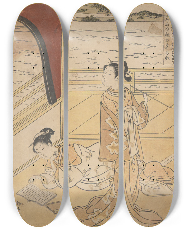 Triptych art skateboard deck of Suzuki Harunobu Two Courtesans On Terrace One Reading One Smoking by Suzuki Harunobu (1724-1770)