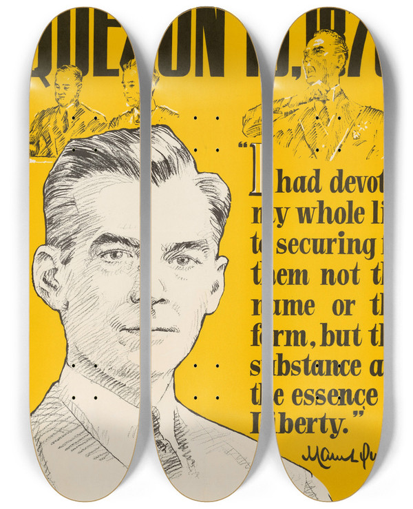 Triptych art skateboard deck of Us Information Agency Quezon by U S Information Agency (1953-1999)