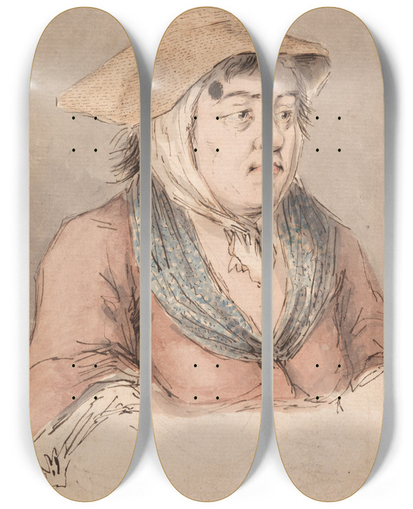 Triptych art skateboard deck of Louis Philippe Boitard Woman With A Blue Smock by Louis Philippe Boitard (1734-1760)
