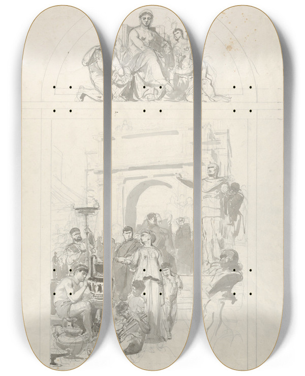 Triptych art skateboard deck of Anton Von Werner Greek Vasepainting Design For A Wall Decoration by Anton von Werner (1843-1915)
