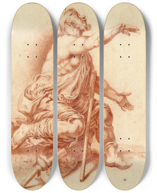 Triptych art skateboard deck of Cornelis Pronk Tekening Van Een Zittende Kreupele Man by Cornelis Pronk (1691-1759)