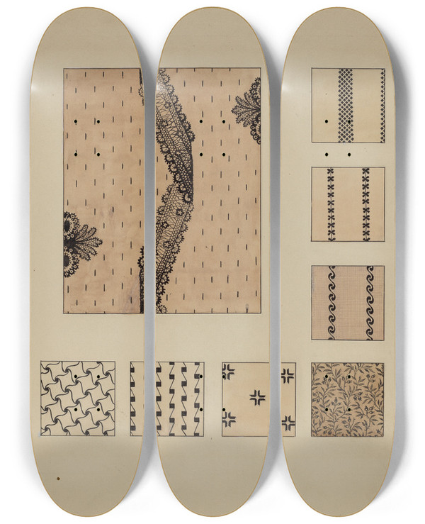 Triptych art skateboard deck of Millia Davenport Printed Cottons_3 by Millia Davenport