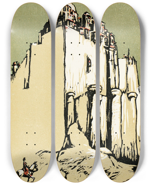 Triptych art skateboard deck of Willy Pogany Fortyfour Turkish Fairy Tales Pl 18 by Willy Pogany (1882-1955)