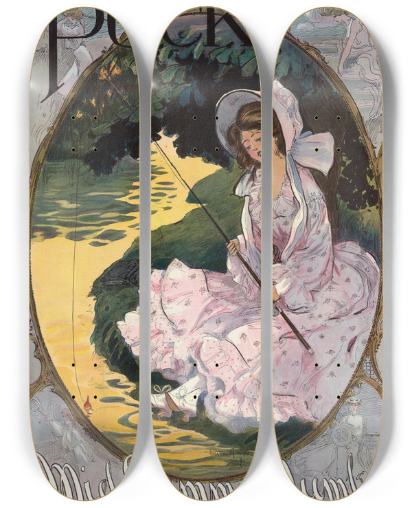 Triptych art skateboard deck of Frank Arthur Nankivell Puck Midsummer Number by Frank Arthur Nankivell (1869-1959)