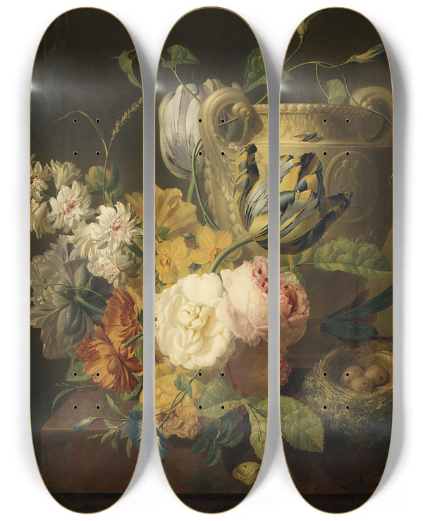 Triptych art skateboard deck of Peter Faes Flowers By A Stone Vase by Peter Faes (1750-1814)